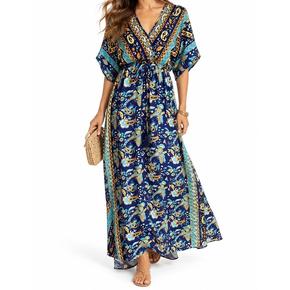 Ben & Lisa Paisley Maxi Kimono Dress Blue Silk Blend Boho Resort S